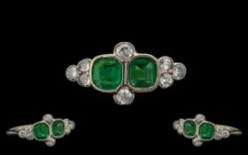 Art Deco Period Attractive 18ct White Gold & Platinum Diamond & Emerald Set Dress Ring.