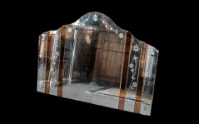 Large 1950's Deco Style Etched Glass Shaped Top Overmantle Mirror with mirrored strips in peach