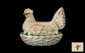 Staffordshire Pottery 'Hen-on-Nest' Egg Basket of large size; highlighted in gilt; c 1860s;