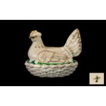 Staffordshire Pottery 'Hen-on-Nest' Egg Basket of large size; highlighted in gilt; c 1860s;