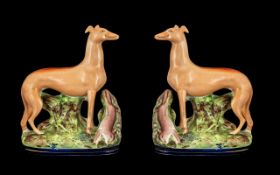 Staffordshire - Early 19th Century Pair of Large Whippet Figures with Rabbit to Ground on a Painted