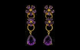 Pair of Amethyst Floral Drop Earrings, pear cut rich purple amethyst drops,