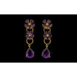 Pair of Amethyst Floral Drop Earrings, pear cut rich purple amethyst drops,