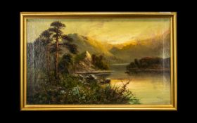 Frank Hider ( 1861-1933 ) Oil Painting on Canvas of a Highland Loch Scene at Dusk with a man