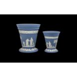 Blue Jasper Large & Small Grid Vases. Measures: large vase 7" tall, smaller vase 5" tall.