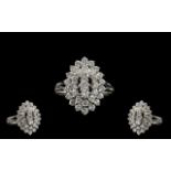 Platinum - Superb Quality Diamond Set Cluster Ring, Boat Shaped Design on 3 Steps Raised. The