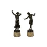 Pair Of French Spelter Figures Of Dancing Girls, Raised On Marble Bases,