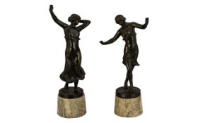 Pair Of French Spelter Figures Of Dancing Girls, Raised On Marble Bases,