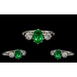 18ct White Gold Excellent Quality & Attractive Emerald & Diamond Set 3 Stone Ring.