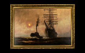 Original Painting of Galleon by Dion Pears depicting a galleon and a tug.