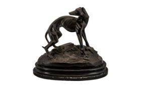 Early 20th Century Reproduction Bronze Figure Of A Greyhound Raised on an ebonised oval base, hollow