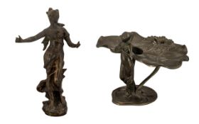 Modern Bronze Figural Lilly Pad Comport In The Style Of W.M.F. Height 8 Inches.