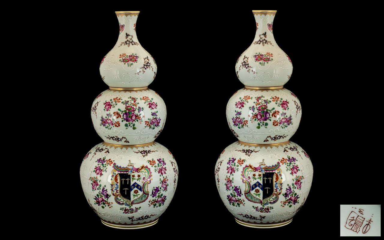 Large Pair of Fine Quality Antique Samson Factory Paris Porcelain Triple Gourd Shape Vases in the