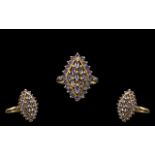 Ladies 9ct Gold Attractive Diamond & Amethyst Set Cluster Ring, Marquise shape.