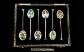 A Boxed Set of Six Silver & Enamel Coffee Spoons of Wonderful Quality. Hallmark Sheffield 1955.