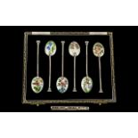 A Boxed Set of Six Silver & Enamel Coffee Spoons of Wonderful Quality. Hallmark Sheffield 1955.