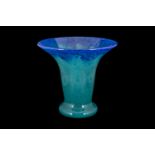 Signed Vasart Art Glass Vase, of trumpet shaped form with turquoise blue swirl design. 7" high.