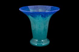 Signed Vasart Art Glass Vase, of trumpet shaped form with turquoise blue swirl design. 7" high.