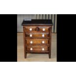 Antique Mahogany Miniature Chest of Drawers, 3 Inches long and 2 Splat Drawers with White Pottery