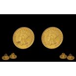 United States Pair of 22ct Gold Indian Head One Dollar Coins dated 1862 made into a pair of