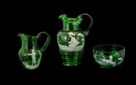 Mary Gregory Green Glass Milk Jug, Cream Jug & Sugar Bowl,