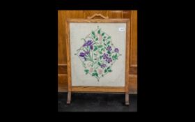 Wooden Framed Tapestry Fire Screen with floral tapestry design to front. Measures 18" x 25".