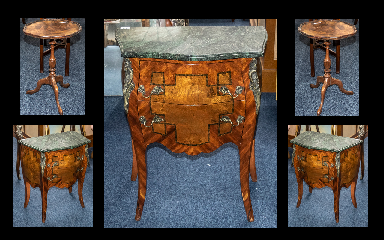 A French Style Bombe Shaped Mid to Late 20th Century Commode marble top above two drawers raised on - Image 2 of 2