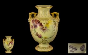 Royal Worcester Hand Painted Blush Ivory Twin Mask Handle - Globular Shaped Vase, Shape No 1632,