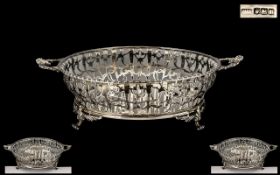 Excellent Looking Superb & Quality Twin Handled Sterling Silver Footed Fruit Bowl raised on winged