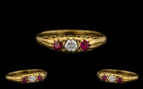 Late Victorian Period 18ct Gold Excellent Quality Three Stone Ruby and Diamond Set Ring,