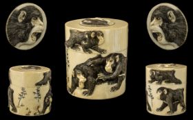 Japanese Mid 19th Century High Quality Carved Ivory Lidded Round Box Edo Period.