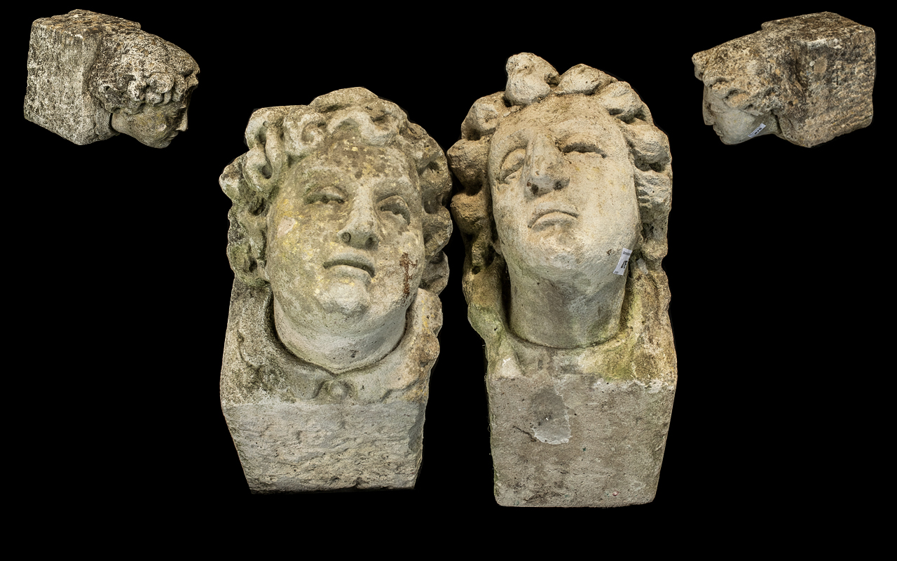 Gothic Period or Earlier, Pair of French Limestone Corbel Heads,
