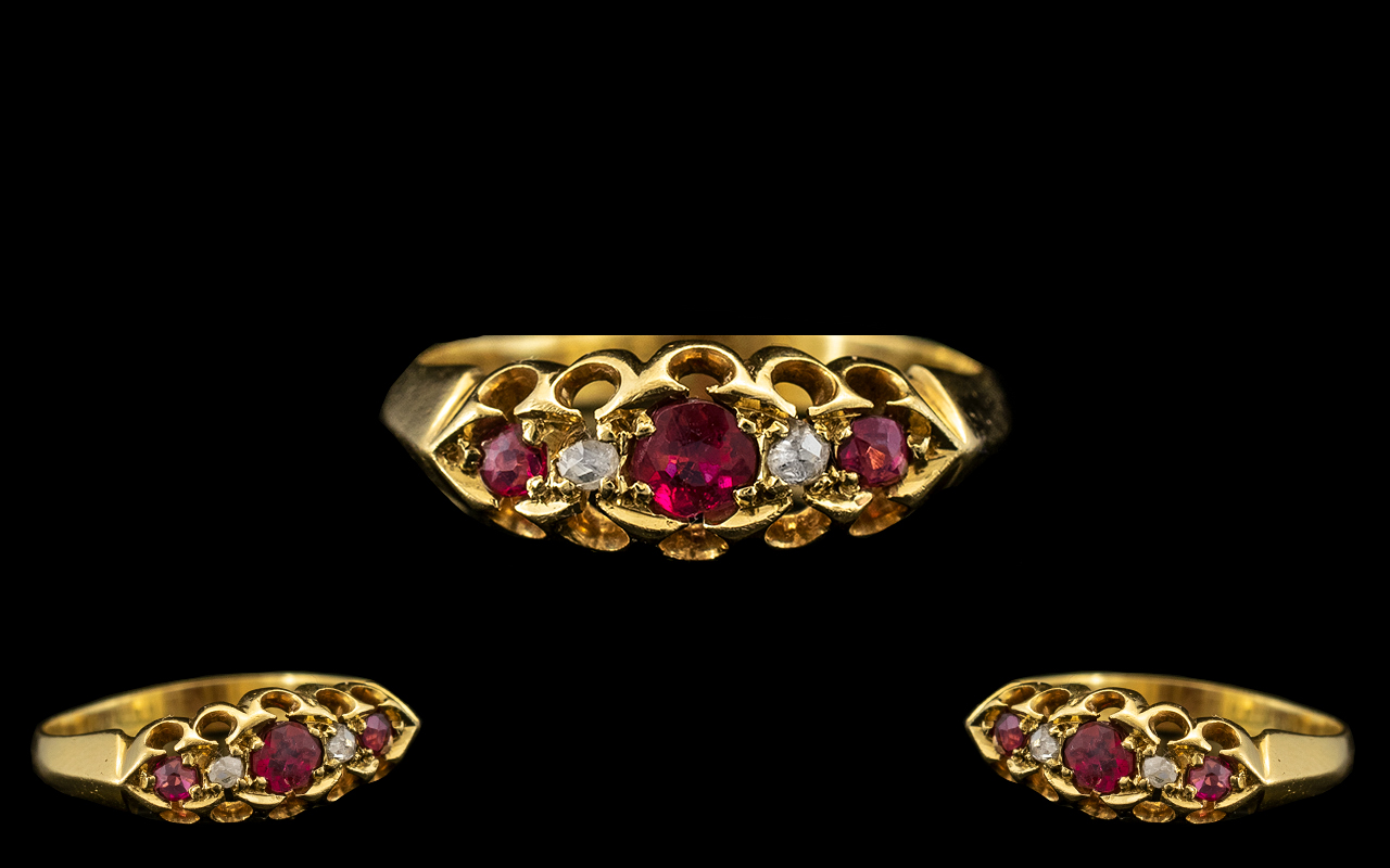 Antique Period Attractive 18ct Gold Ruby and Diamond Set Ring, excellent gallery setting/design, - Image 2 of 2