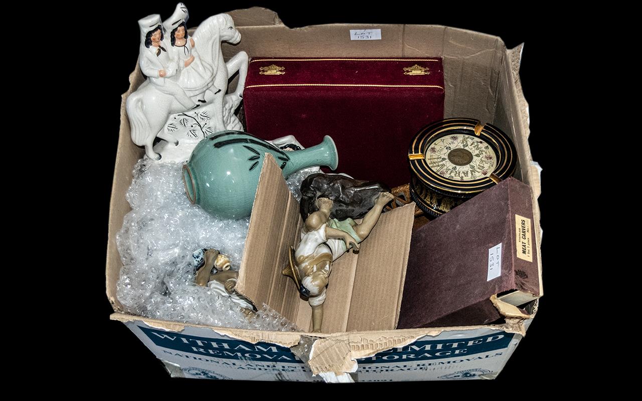 Box Of Misc Pottery And Collectables, To Include Staffordshire, Modern Oriental, Cased Cutlery,