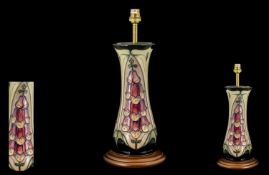 Moorcroft Modern Design Tubelined Lamp Base of Tall Waisted Form 'Foxglove' Pattern,