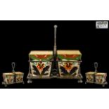 Derby Type Pottery and Silver Plate Preserve Set, the stand, of square form, marked EPNS,
