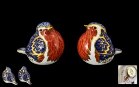 Royal Crown Derby Hand Painted Paperweights 'Robin', two, in traditional Imari colours,