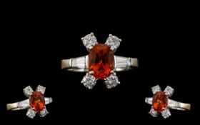Stunning 18ct White Gold Orange Sapphire and Diamond Dress Ring of Top Quality In All Aspects. c.
