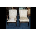 Pair of Upholstered Easy Chairs. Opened arm armchairs on square tapering legs (one has missing