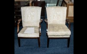 Pair of Upholstered Easy Chairs. Opened arm armchairs on square tapering legs (one has missing