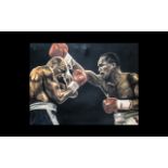 Large Oil on Board Painting of Two Heavyweight Black Boxers in Dramatic Pose.