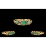 Antique Period 9ct Gold Attractive 3 Stone Opal & Diamond Set Ring. Full hallmark for 9ct.