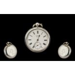 J W Benson Sterling Silver Key Wind Fusee Open Faced Pocket Watch with two white porcelain dials,