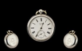 J W Benson Sterling Silver Key Wind Fusee Open Faced Pocket Watch with two white porcelain dials,