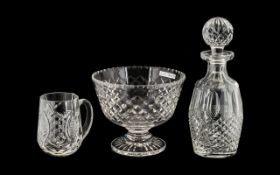 Waterford Crystal Three Pieces To Include A Decanter 10.5 Inches High. Footed Bowl, Diameter 7.