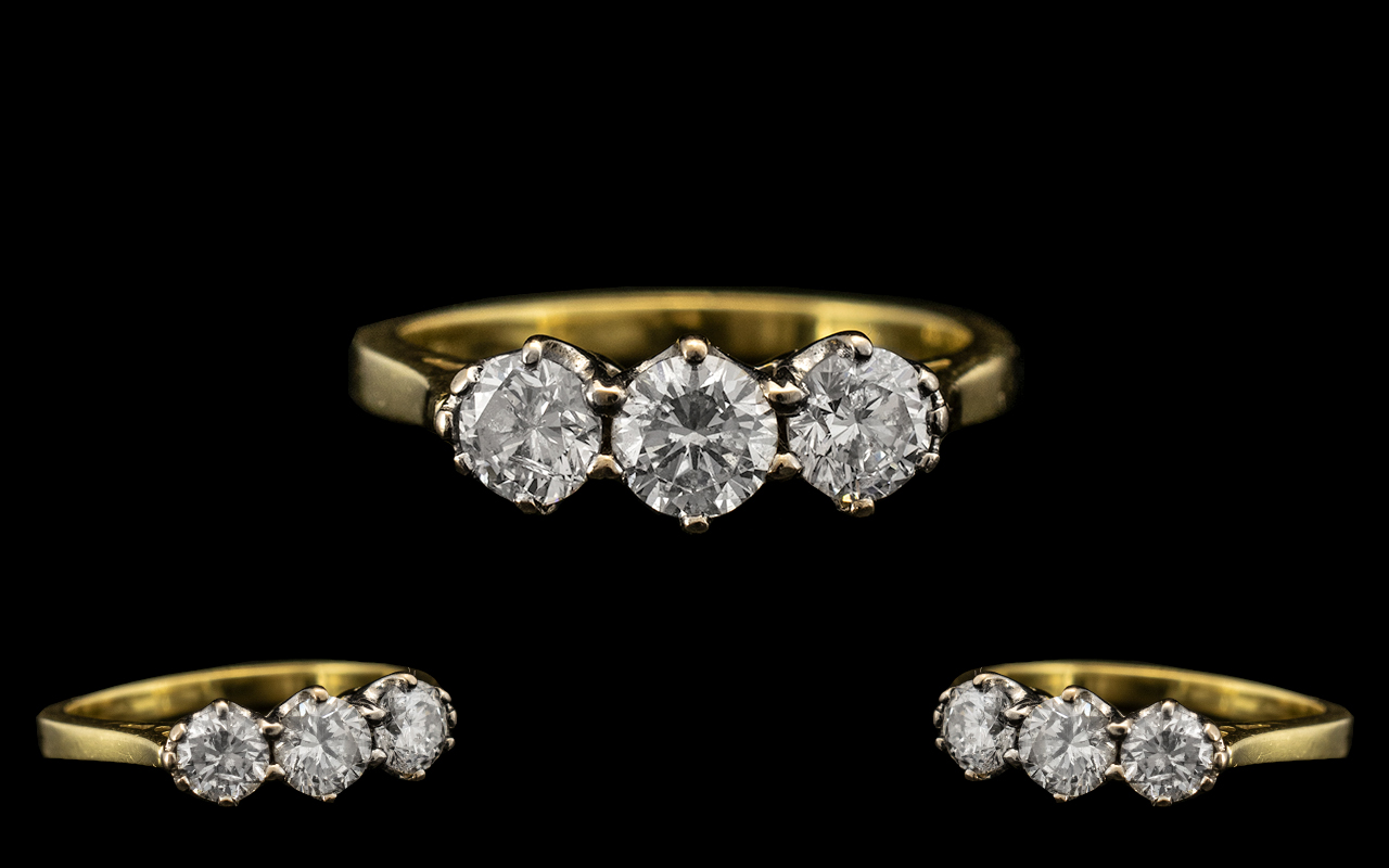 18ct Gold Attractive Three Stone Diamond Ring, the three modern,