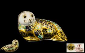 Royal Crown Derby Hand Painted Limited Numbered Edition Paperweight 'Harbour Seal', gold stopper,