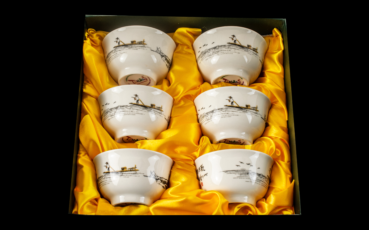 Boxed Set of Six Saki Cups made in Taiwan, depicting boatsmen on a white ground. In original box. - Image 2 of 2