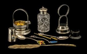 Mixed Lot of Silver Plated Ware comprising Silver spoon with enamelled bowl; plated portable ashtray