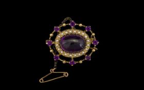 Edwardian Good Quality Amethyst and Seed Pearl Set Ladies Brooch of Oval Form. The Central Large